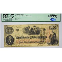 T-41, PF-12. 1862 $100 Confederate Note. PCGS Gem New 65 PPQ.