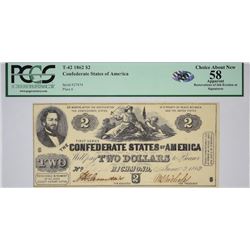 T-42, PF-2. 1862 $2 Confederate Note. PCGS Choice About New 58 Apparent, Restorations of Ink Erosion