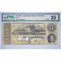 T-60, PF-17. 1863 $5 Confederate Note. PMG Very Fine 25.