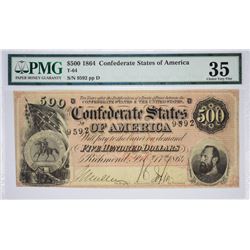 T-64, PF-2. 1864 $500 Confederate Note. PMG Choice Very Fine 35.