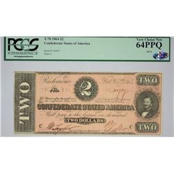 T-70, PF-5. 1864 $2 Confederate Note. PCGS Very Choice New 64 PPQ.