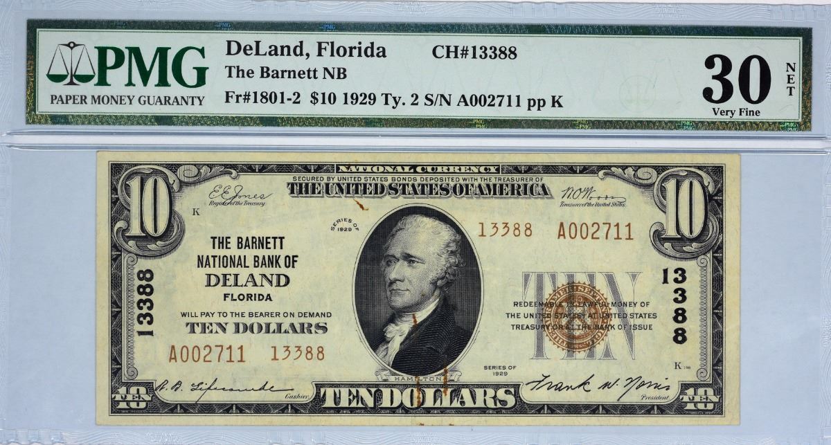 DeLand, Florida. NB. Fr. 18012. 1929 10 Type II. Charter 13388. PMG Very Fine 30 Net. Rust