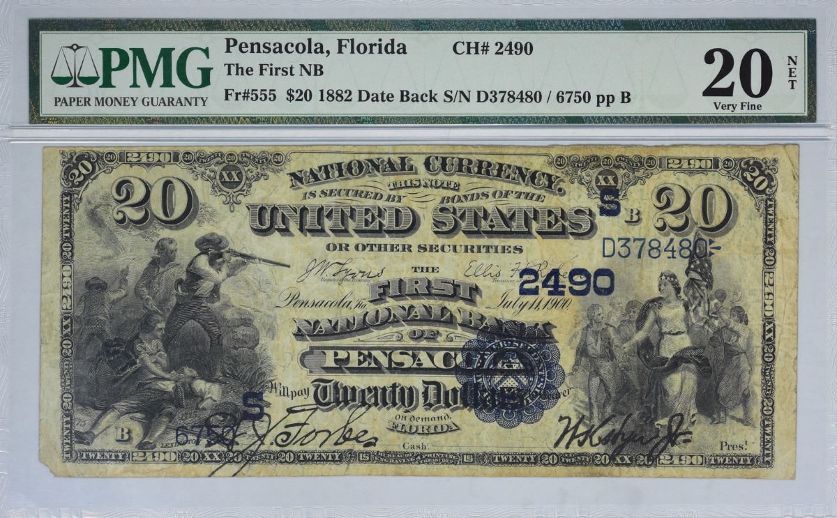 Pensacola, Florida. FNB. Fr. 555. 1882 20 Date Back. Charter 2490. PMG