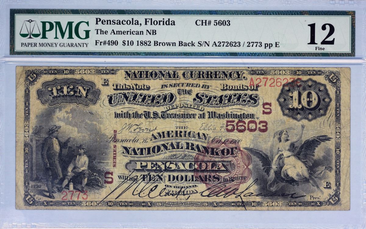 Pensacola, Florida. American NB. Fr. 490. 1882 10 Brown Back. Charter