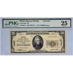 Winter Haven, Florida. Exchange NB. Fr. 1802-1. 1929 $20 Type I. Charter 13437. PMG Very Fine 25.