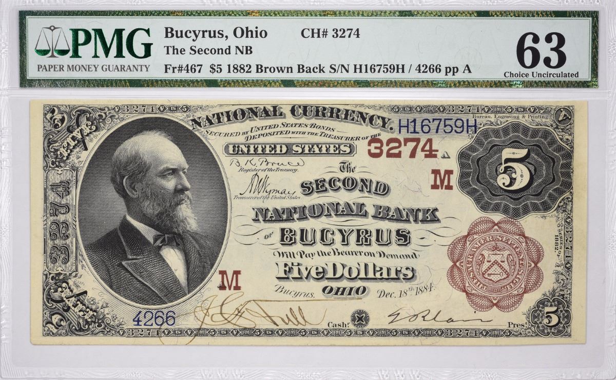 Bucyrus, Ohio. Second NB. Fr. 467. 1882 5 Brown Back. Charter 3274. PMG Choice Uncirculated 63.