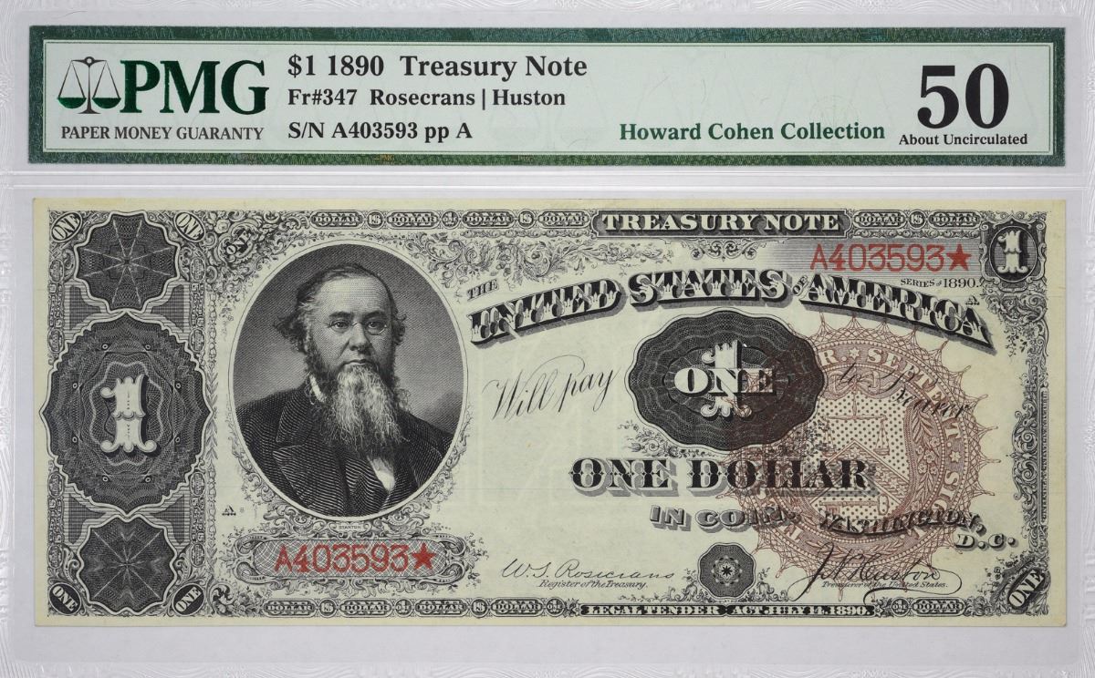 Fr. 347. 1890 $1 Treasury Note. PMG About Uncirculated 50.