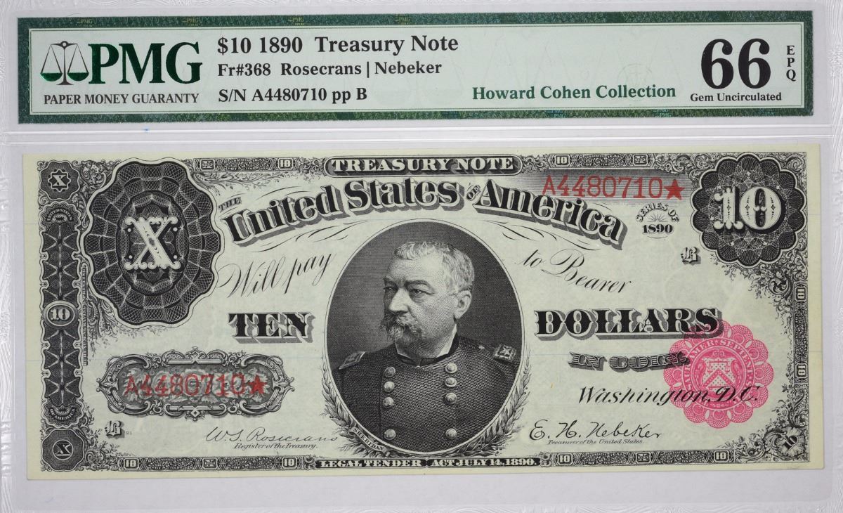 Fr. 368. 1890 $10 Treasury Note. PMG Gem Uncirculated 66 EPQ.