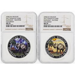 Lot of (2) 2017 Somalia 100 Shilling Elephant Colorized Silver Coins NGC MS70