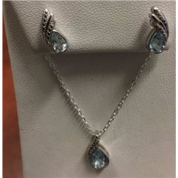 NEW EARRINGS & NECKLACE SET - NEW 2.5CT PEAR FACETED BLUE TOPAZ & DIAMONDS IN STERLING SILVER SETTIN