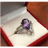 Image 2 : NEW RING - 4CT PEAR FACETED AMETHYST & 2 DIAMONDS IN STERLING SILVER SETTING - INCLUDES $410 CERTIFI