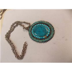 NECKLACE AND PENDANT- LARGE TURQOISE AND BEAD-3"- ONE BEAD MISSING- IN NON FERROUS