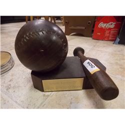 DECORATIVE BASEBALL AND BAT WITH DISPLAY STAND- IRON WOOD/ RED WOOD 1997