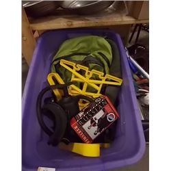 BIN OF ASSORTED ITEMS- BAGS, PUMP. GOGGLES AND MORE