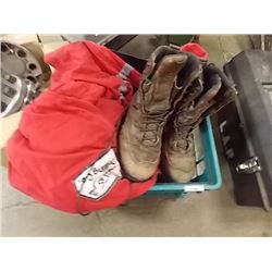 BIN OF ASSORTED - COVER ALLS, BOOTS, AND MORE