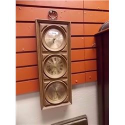 RETRO WOOD FRAMED BAROMETER, CLOCK AND TEMPERATURE GAUGE