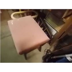 LOT - UPHOLSTERED STOOL - PINK, PICTURES, TAPES CD'S &  WOOD MAGAZINE RACK