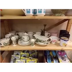SHELF LOT OF COLLECTABLES - DISHWARE AND MORE