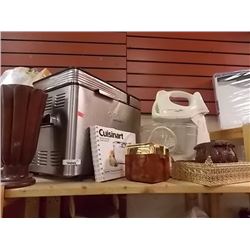 SHELF OF BREAD MAKER, MIXER & DISHES