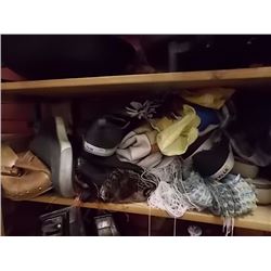 SHELF LOT OF SHOES, SLIPPERS SKATES SCARFFS
