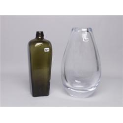 Etched Crystal Vase & Antique Green Bottle