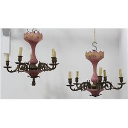 Pair Bohemian Gilt Pink Glass & Brass Chandeliers