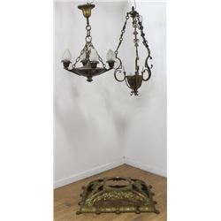 2 Brass Chandeliers & 1 Bronze Ceiling Fixture