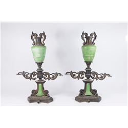 Pair Victorian Glass Gilt Bronze 2-Arm Lamps