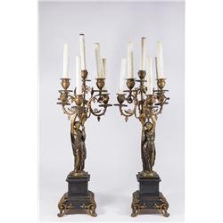 Pair 19th Cent. Figural Brass & Marble Candelabra