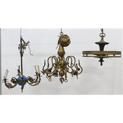 3 Bronze or Brass Chandeliers-1 with Turquoise Glass