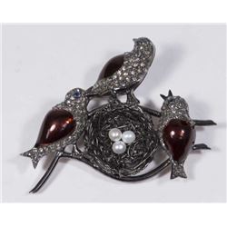 :Gold, Diamond, & Enamel 3 Birds & Nest Pin