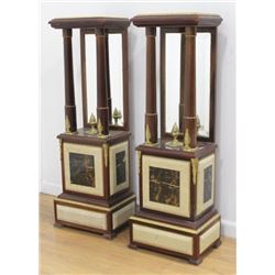 Pair Wood & Marble Mirrored Back Pedestals