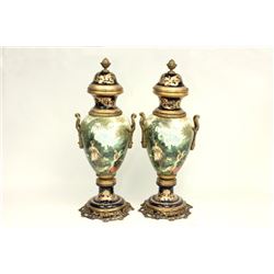 Pair Sèvres Style Cobalt Blue & Bronze Ormolu Urns