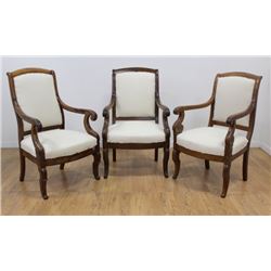 Set 3 French Empire Walnut Fauteuils