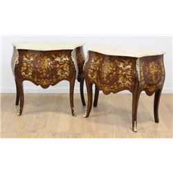 Pair Louis  XV style Inlaid Marble Top 3-Drawer Commodes