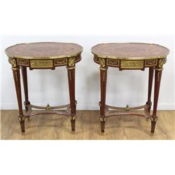 Pair Louis XVI Style Inlaid Wood Oval Side Tables