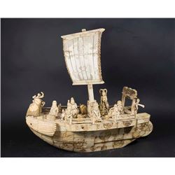 Chinese Carved Bone Inlaid Boat with Fishermen