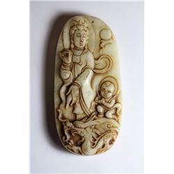 Old Natural Jade Hand Carved Buddha Guanyin Pendant