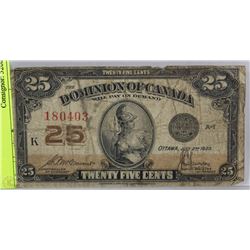 1923 CANADIAN 25 CENT SHINPLASTER NOTE