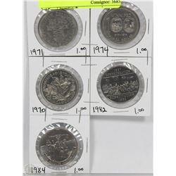 LOT OF 5 CANADIAN DOLLAR COINS YEARS RANGING FROM