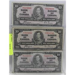 LOT OF THREE 1937 CANADIAN $10.00 BANK NOTES