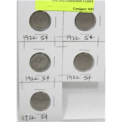 LOT OF FIVE 1922 CANADIAN 5 CENT COINS