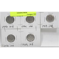 LOT OF 5 CANADIAN 10 CENT COINS YEARS RANGING FROM