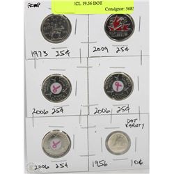 LOT OF SIX ASSORTED CANADIAN COINS INCL 19.56 DOT