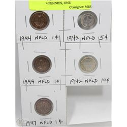LOT OF 5 NEWFOUNDLAND COINS, TWO 1944 PENNIES, ONE