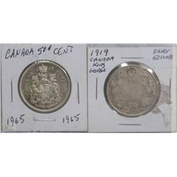 1919 AND 1965 CANADIAN SILVER HALF DOLLARS