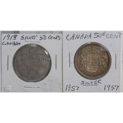 1918 AND 1957 CANADIAN SILVER HALF DOLLARS