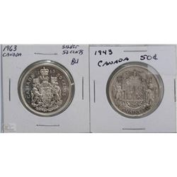 1943 AND 1963 CANADIAN SILVER HALF DOLLARS