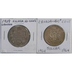 1919 AND 1964 CANADIAN SILVER HALF DOLLARS