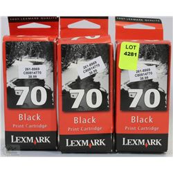LOT OF 3 LEXMARK 70 BLACK  PRINT  INK CARTRIDGES
